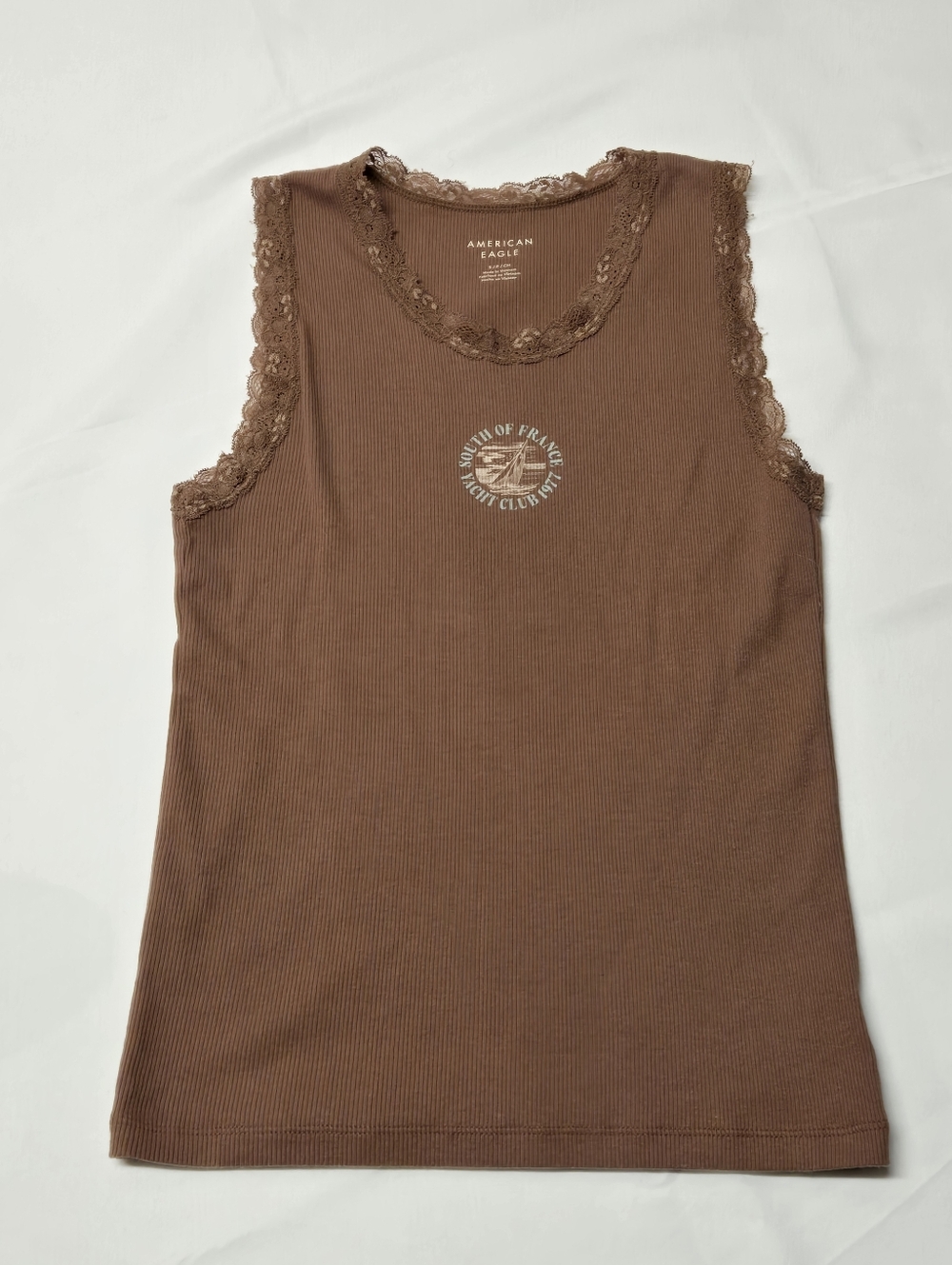 American Eagle Tank Top Brown Graphic Lace Womens Small Ribbed